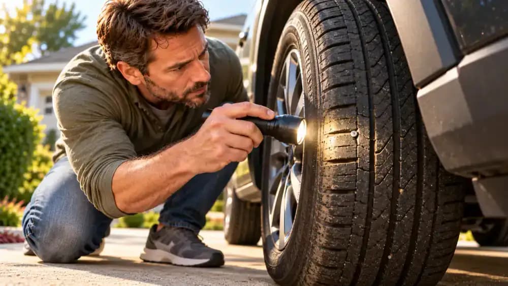 Driver shining a compact inspection light across the full visible tread of a parked SUV's front tire to identify uneven wear and a small object lodged in a groove.