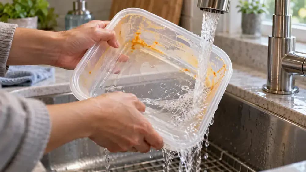 Hands rotating a transparent plastic food container diagonally beneath a stainless steel kitchen faucet, with warm water washing white baking soda residue from the interior corners while orange tomato stains remain visible.