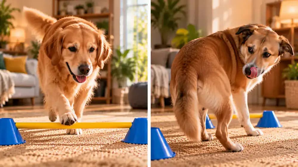 Side-by-side comparison showing one dog approaching a low obstacle with relaxed posture and another turning its head away, licking its lips, and hesitating as the owner removes the obstacle.