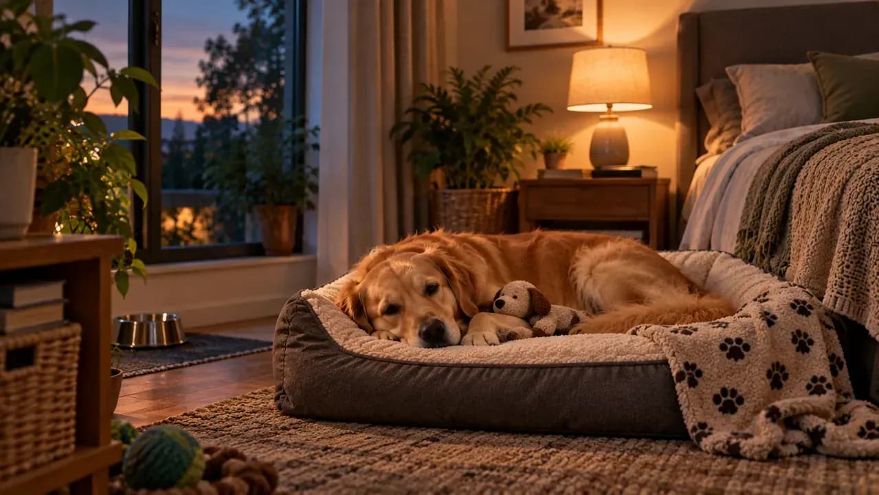 Dog settling in a softly lit room with shaded daylight and a dim lamp