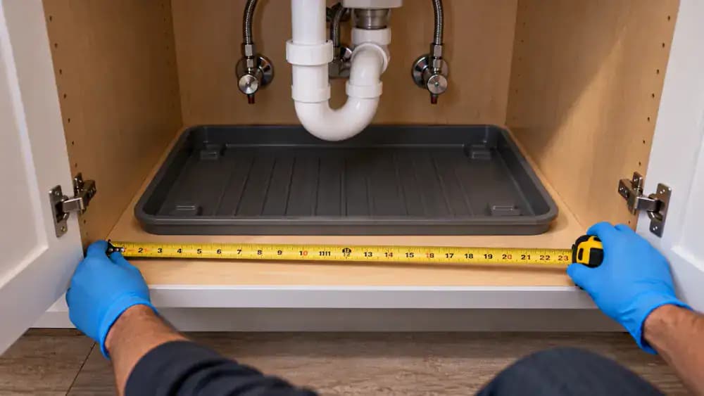 Blue-gloved hands measuring the dry laminate floor of an open under-sink kitchen cabinet with a yellow tape measure, while a shallow waterproof plastic tray and measurement notepad rest on the adjacent countertop.