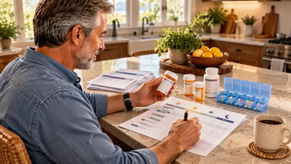 Adult patient checking fictional prescription containers, an over-the-counter medicine package, and a supplement bottle while filling out a medication worksheet with columns for name, dose, and schedule.