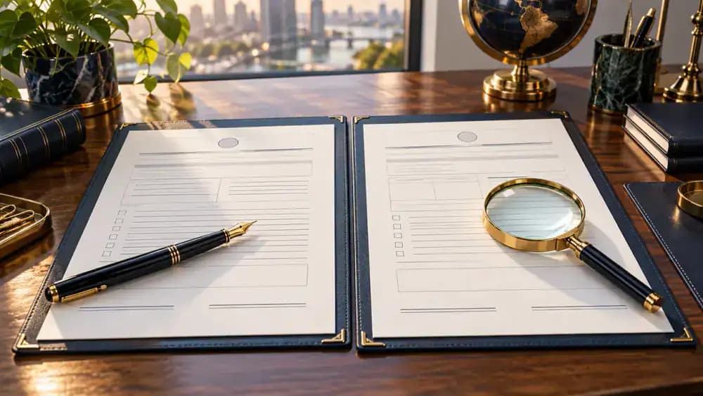 Two blank legal documents positioned side by side with a pen and magnifying glass for verification.