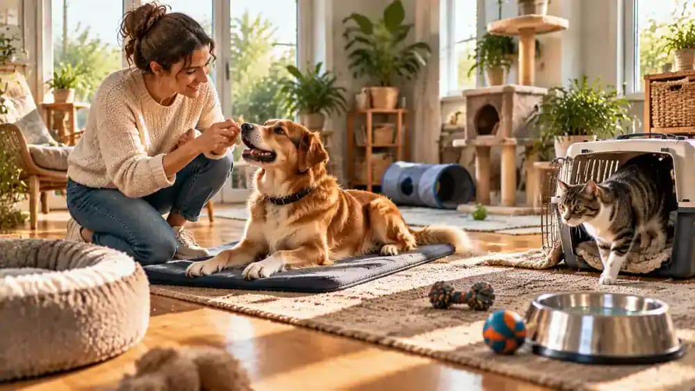 Owner rewards a dog for settling calmly on a mat and practicing loose-lead walking, while a cat uses a scratching post and voluntarily explores an open carrier.