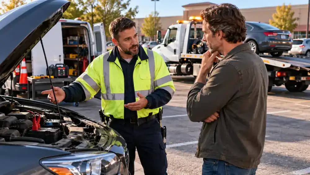Roadside assistance representative discussing jump-start service, mobile battery testing, and flatbed towing options with a driver beside a parked American sedan.