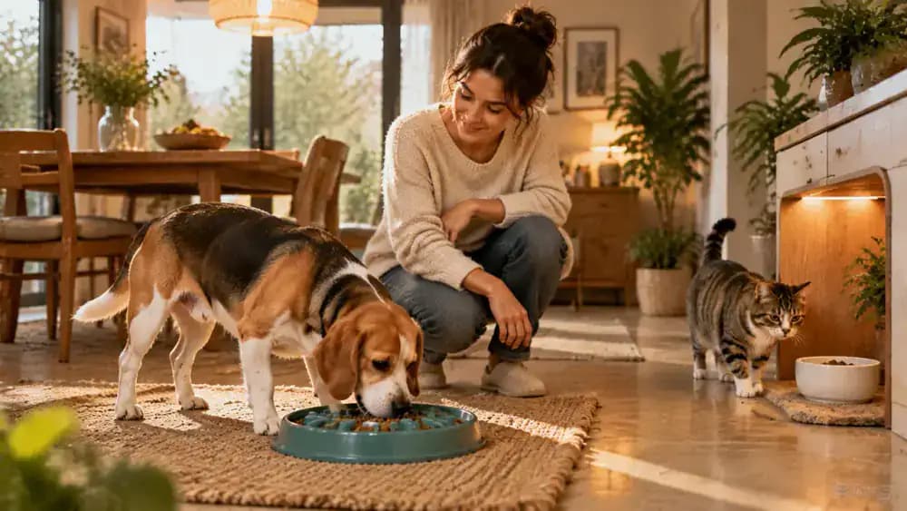 A Beagle eats kibble from a textured slow feeder bowl while a cautious tabby cat approaches its own ceramic food dish in a separate, quiet area of a modern home.