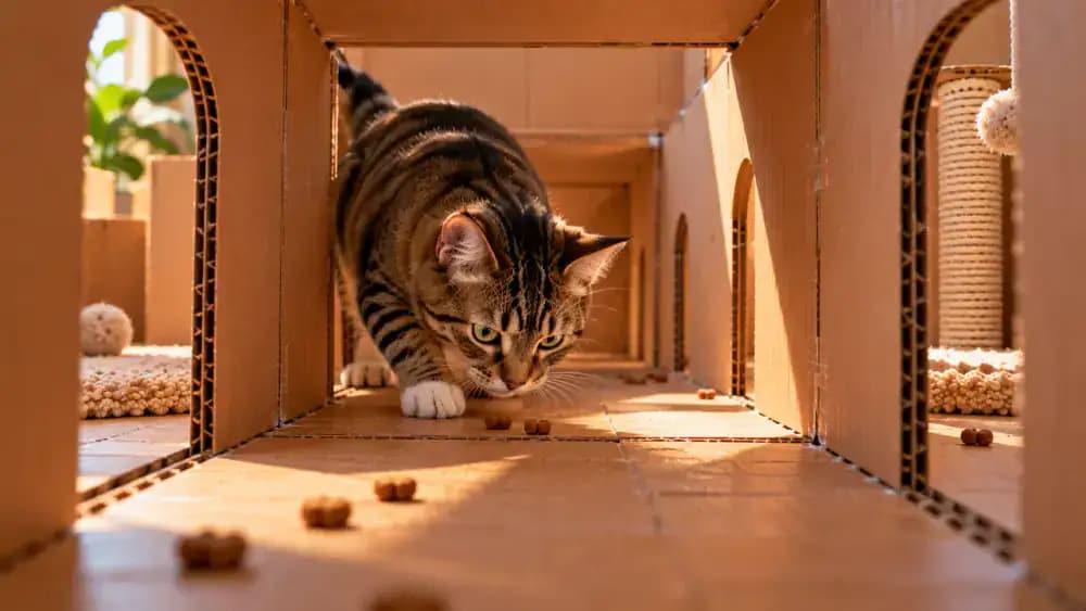 Overhead view of an owner measuring a small portion of dry cat food and placing pieces along accessible cardboard maze pathways as a tabby discovers them, followed by cleanup.