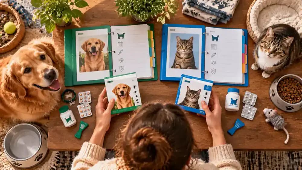 Separate labeled dog and cat folders with individual pet profiles and treatment histories, color-coded tabs, and an owner checking a pet's name against product packaging.