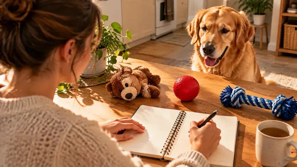 Owner recording toy-name practice results in a handwritten notebook with columns for toy name, position, and selected toy.