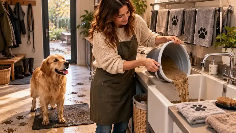 Owner emptying cloudy brown paw-rinse water from a ceramic basin into a utility sink, with clean microfiber towels drying on a rack beside a washing machine.