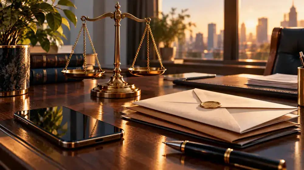 Smartphone and sealed collection letters beside balanced justice scales.