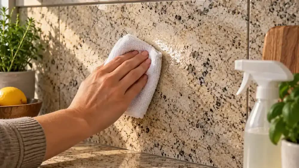 Close-up of a hand wiping a natural stone backsplash with a barely damp microfiber cloth in slow overlapping passes while avoiding grout borders and a nearby metal joint.