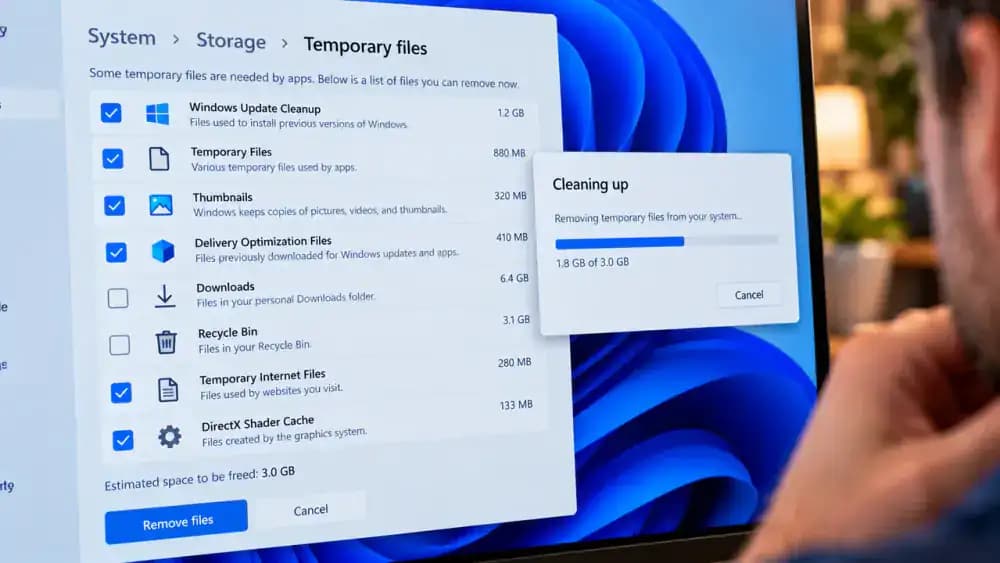 Windows 11 Settings showing the Temporary files cleanup page with a safe temporary file category selected, Downloads and Recycle Bin unchecked, and the Remove files button ready to be clicked.