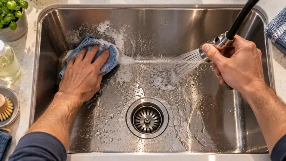 Overhead close-up of a homeowner using a folded white microfiber cloth to apply a second controlled treatment of stainless steel-compatible mineral remover to a stubborn white hard water spot inside a kitchen sink.