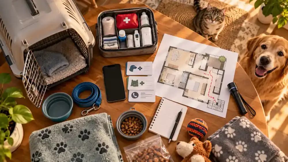 Owner preparing an emergency contact card at a kitchen table beside a secured pet carrier, with an illustration of an inaccessible exterior ledge and the owner making a phone call safely indoors.