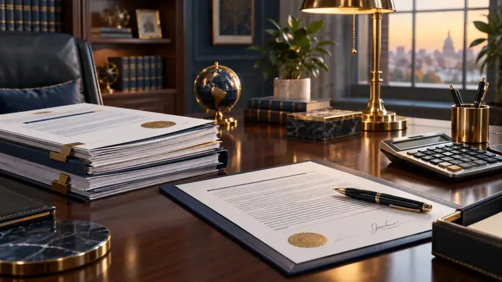 Legal documents and a loan contract on an office table