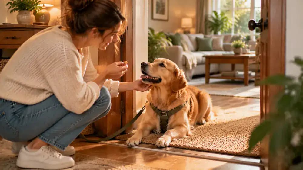 An owner stands beside a relaxed dog waiting at an interior doorway, offering a small treat and verbal praise before they move forward together.
