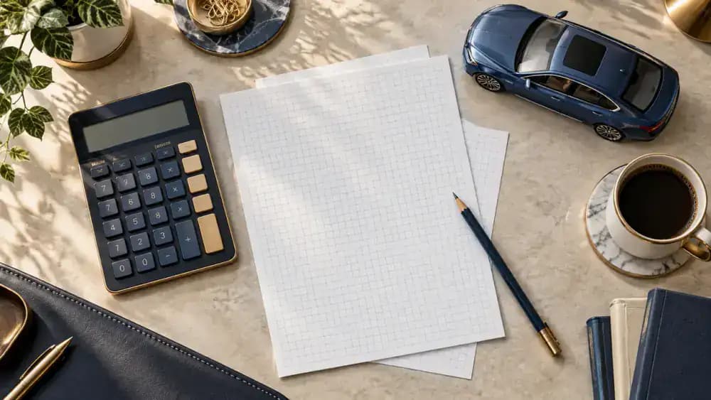 Calculator, miniature sedan, pencil, and blank graph paper arranged on a financial planning desk.