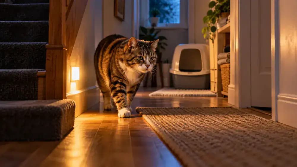 Senior cat approaching a dim staircase cluttered with household items in a two-story home, followed by a cleared passage illuminated by a small warm night-light.