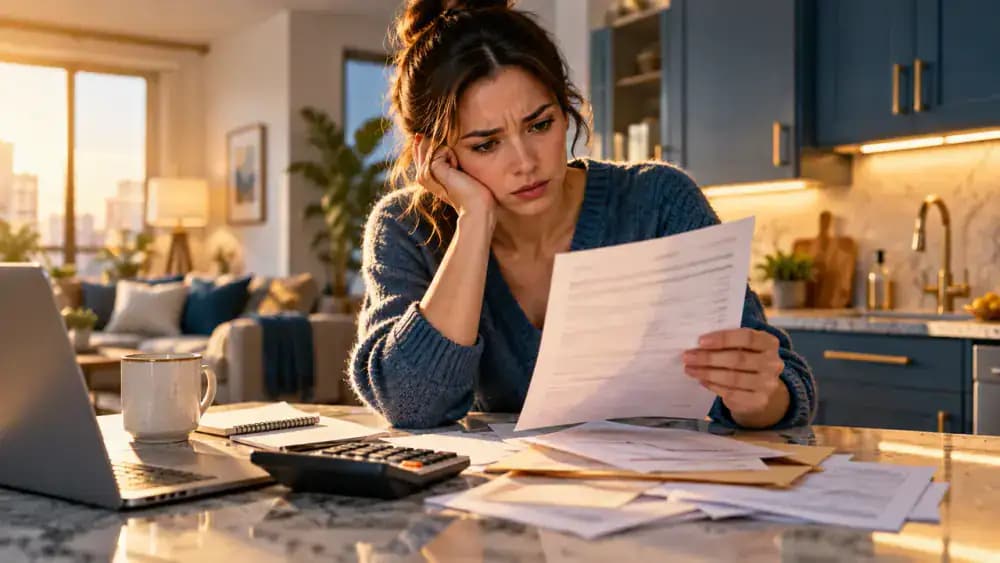 Concerned renter examining an unexpected repair bill at a kitchen counter after moving out.