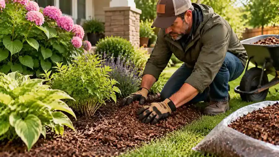 Homeowner using a small hand rake to spread shredded hardwood mulch evenly across an established garden bed beside a damp lawn, keeping mulch away from perennial plant stems and a visible surface drainage opening.