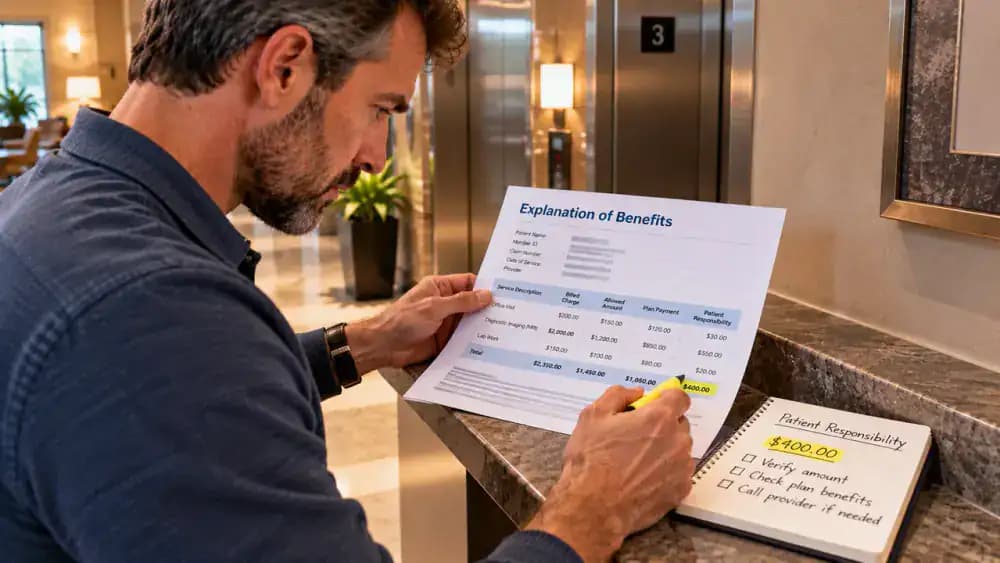 Adult in a quiet hotel elevator lobby underlining the Patient Responsibility field on a fictional Explanation of Benefits and noting the sample amount on a card marked Verify with provider bill.