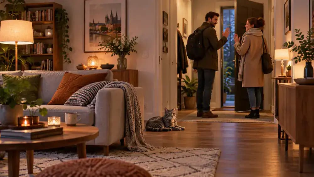 Quiet early-evening living room with a gray tabby resting on a rug near an open hallway, a visitor reading a magazine, a small analog clock on a sideboard, and the owner accompanying the guest toward the exit.