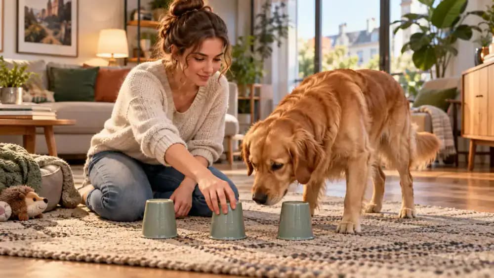 Owner slowly rearranging three cups before releasing a dog to sniff