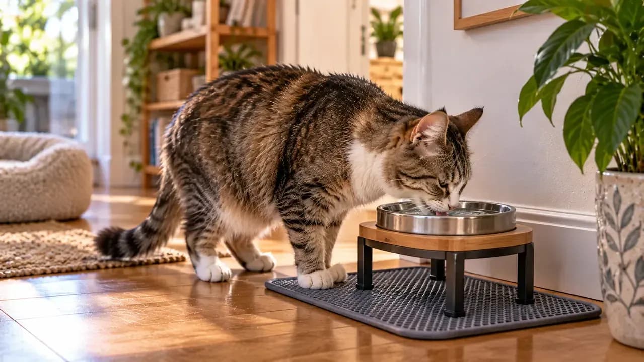 Older cat comfortably drinking from a slightly raised stable water bowl