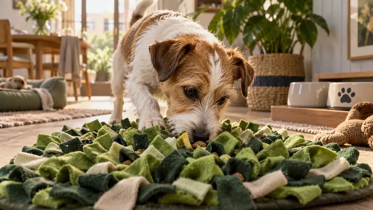 Small terrier searching for kibble hidden in a washable snuffle mat