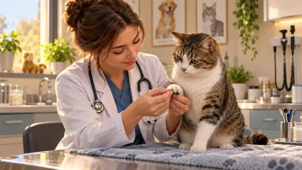 Veterinarian in a bright examination room gently supporting a cat's paw and inspecting a visibly overgrown claw after observing the cat walk on a nonslip examination surface, with its owner nearby.