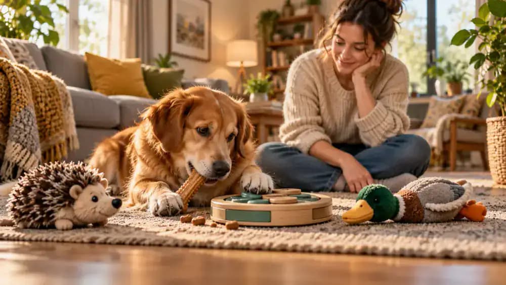 Dog exploring a durable chew, food puzzle, and two soft toys