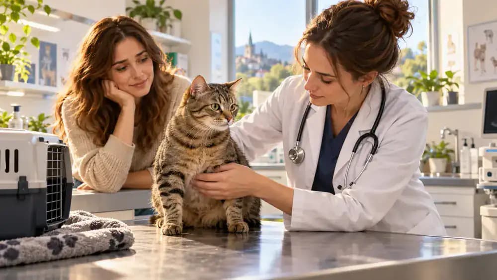 Veterinary-style educational illustration showing a cat making repeated litter box visits, a timeline comparing typical behavior with warning signs such as straining and unsuccessful urination, and a veterinarian examining the cat.
