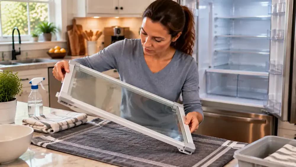 Person inspecting a removed refrigerator glass shelf on a towel under bright kitchen light to find residue spots and dirty areas