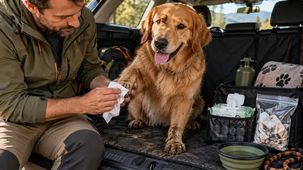 Owner cleaning muddy dog paws with pet-safe wipes beside sealable disposal bags