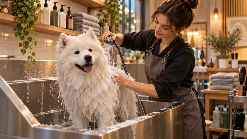 Professional groomer bathing a calm white Samoyed in a stainless-steel tub, then carefully separating its thick coat while drying it with a temperature-controlled pet dryer.