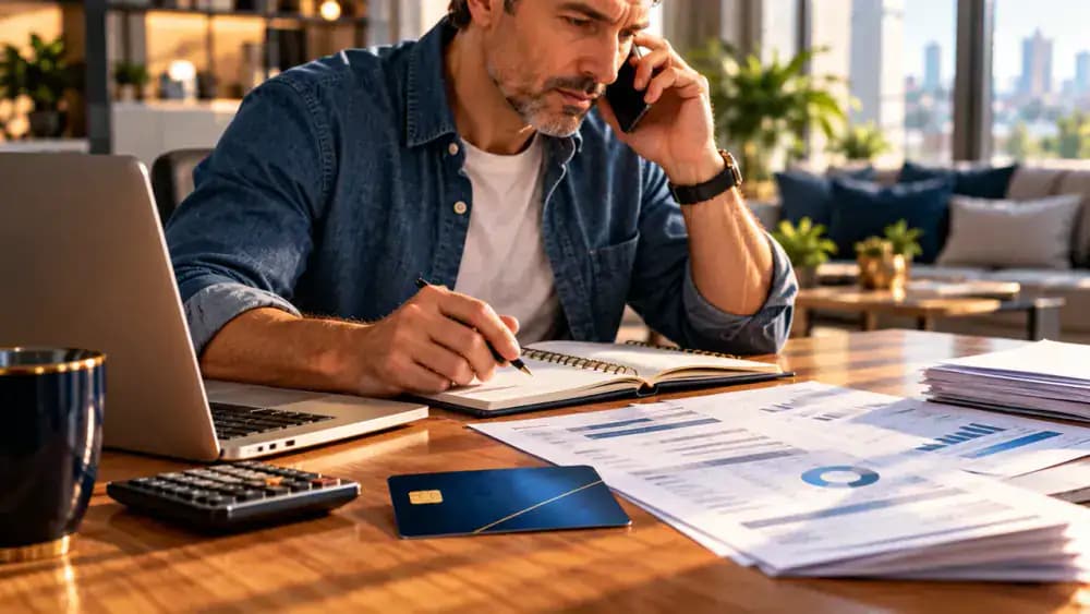 Person calling credit card customer service with a statement and notebook nearby.