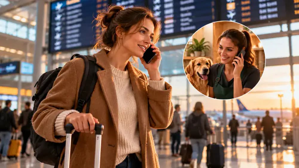 Traveler checking a delayed flight on an airport departure board, contacting a boarding facility about extending a reservation, and authorized family member presenting identification during pet pickup.