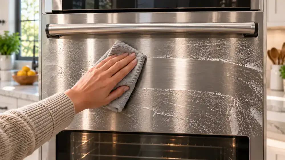 Close-up of a stainless steel oven door as a hand wipes faint soap haze from the center panel with a nearly dry microfiber cloth, moving left to right with the grain and staying clear of controls, vents, and seams.
