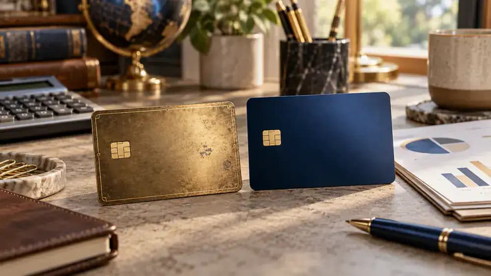 Vintage-inspired credit card beside a modern credit card, suggesting the difference between longstanding and recently opened accounts.