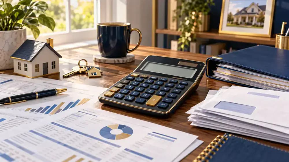 Mortgage calculator beside household expense documents