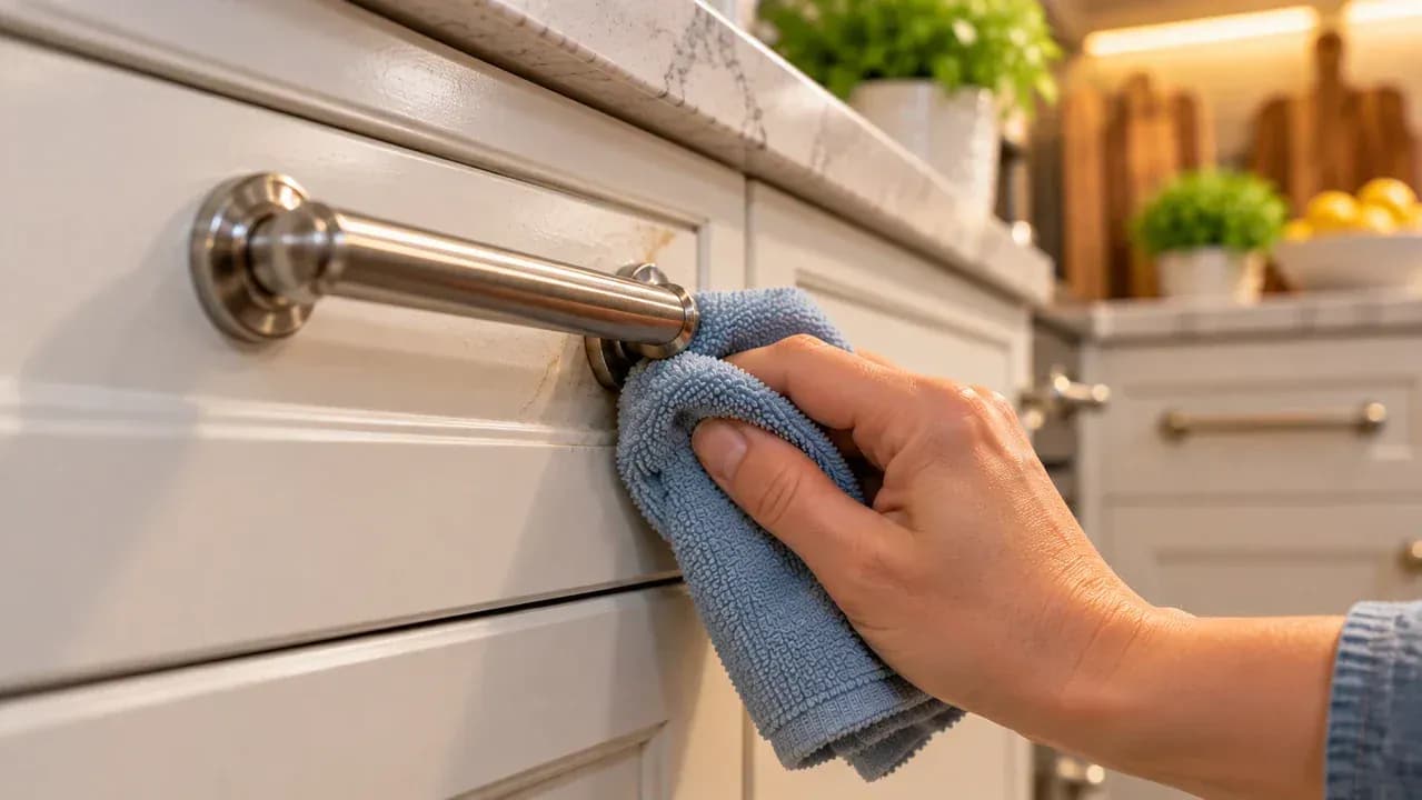 Close-up of a clean damp microfiber cloth wiping cleaner residue from painted cabinet doors around a metal pull while stopping before the vertical cabinet seam.