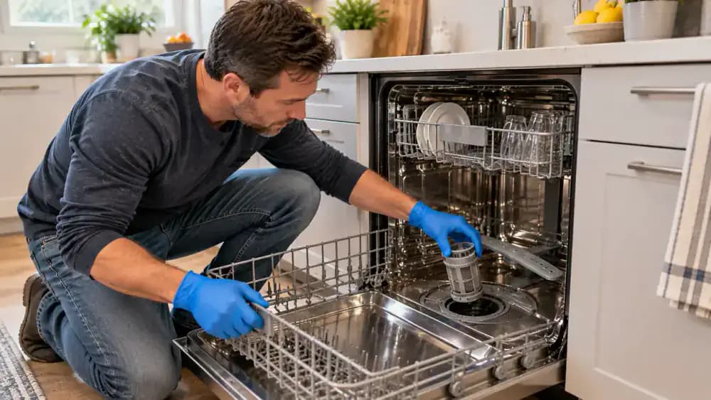 Adult inspecting a secured dishwasher filter with the lower rack pulled out while a household maintenance calendar shows recurring filter checks nearby.