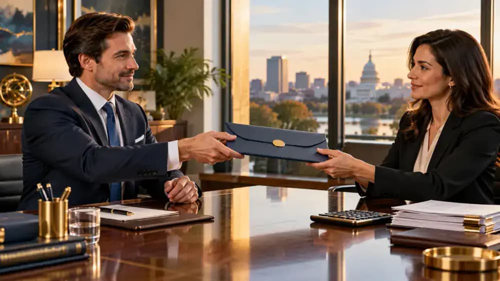 Two business professionals exchanging a sealed financial folder across a desk.