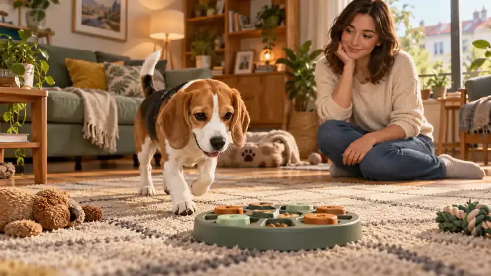 Beagle confidently approaching a familiar puzzle on another day