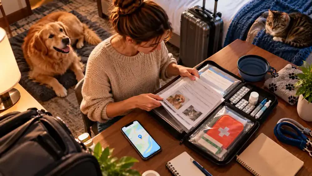 Hotel desk displaying organized pet vaccination records, medication information, emergency contacts, and a smartphone with a saved veterinary clinic location, followed by an evacuation map and an owner carrying a secured cat carrier down a stairwell.