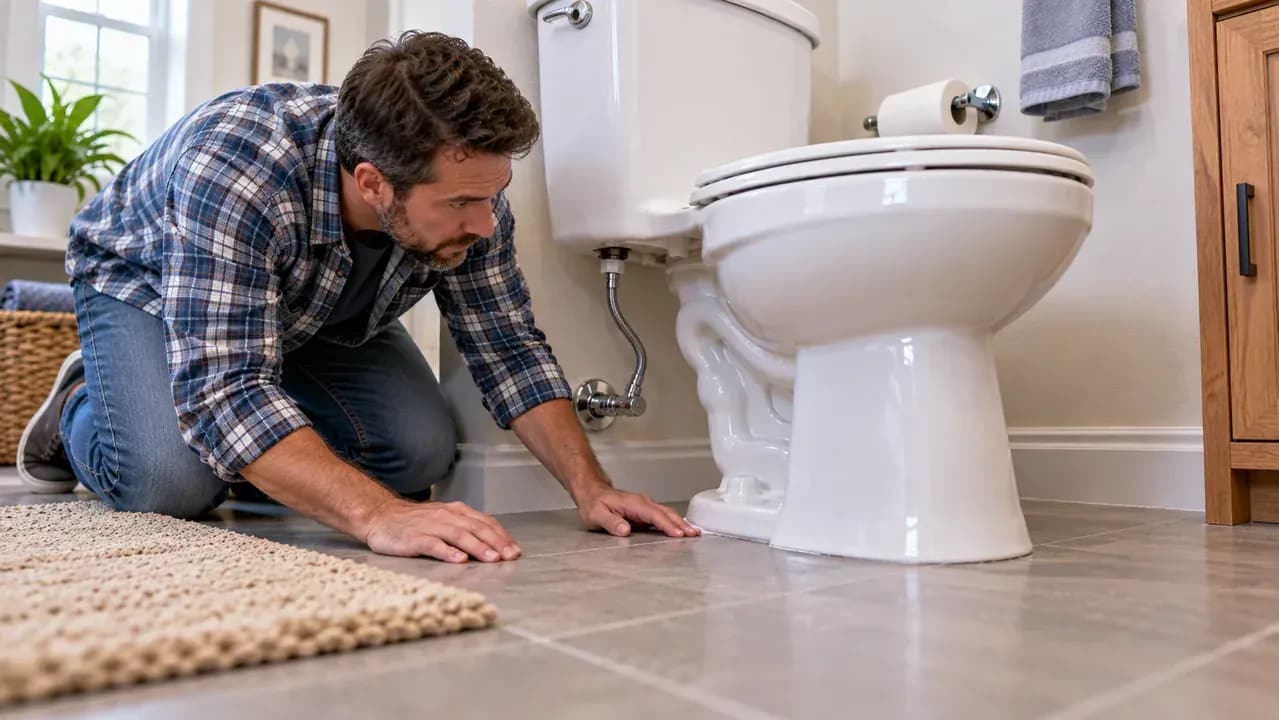 Homeowner inspecting the toilet shutoff valve, supply connection, porcelain tank and bowl, with an example drip and visible crack indicating when to call a plumber.