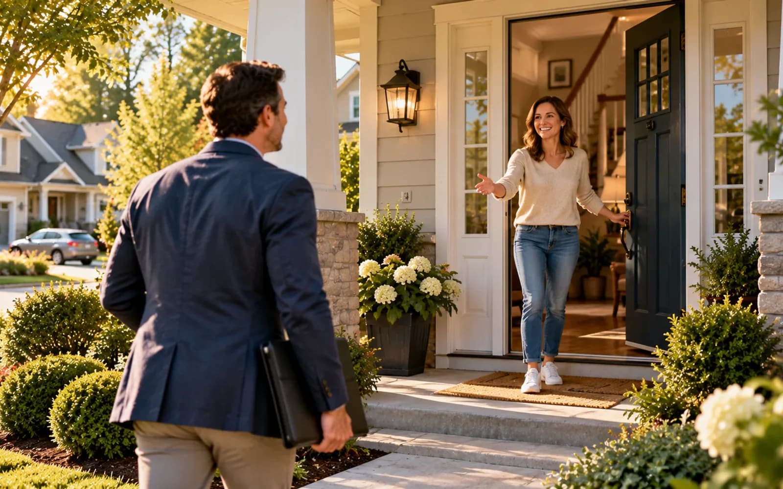 Visitor walking safely toward a suburban home