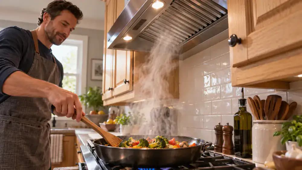 Low-angle view of an adult cooking vegetables in a skillet beneath an operating stainless steel under-cabinet range hood, with gentle cooking vapors rising toward a clean metal mesh grease filter and satin-finished walnut cabinets on either side.