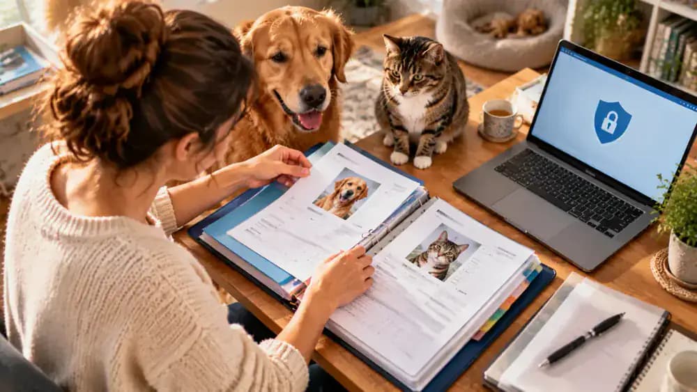 A pet owner organizes a microchip certificate, registry instructions, and registration confirmation in a dedicated pet identification binder while saving a password-protected digital backup.
